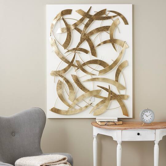 48" x 36" Gold & White Metal Abstract Metallic Curved Rod Wall Décor